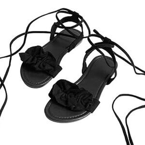 Gorglitter Womens Size 9.5 Black Lace Up Gladiator Sandals Open Round Toe Shoes
